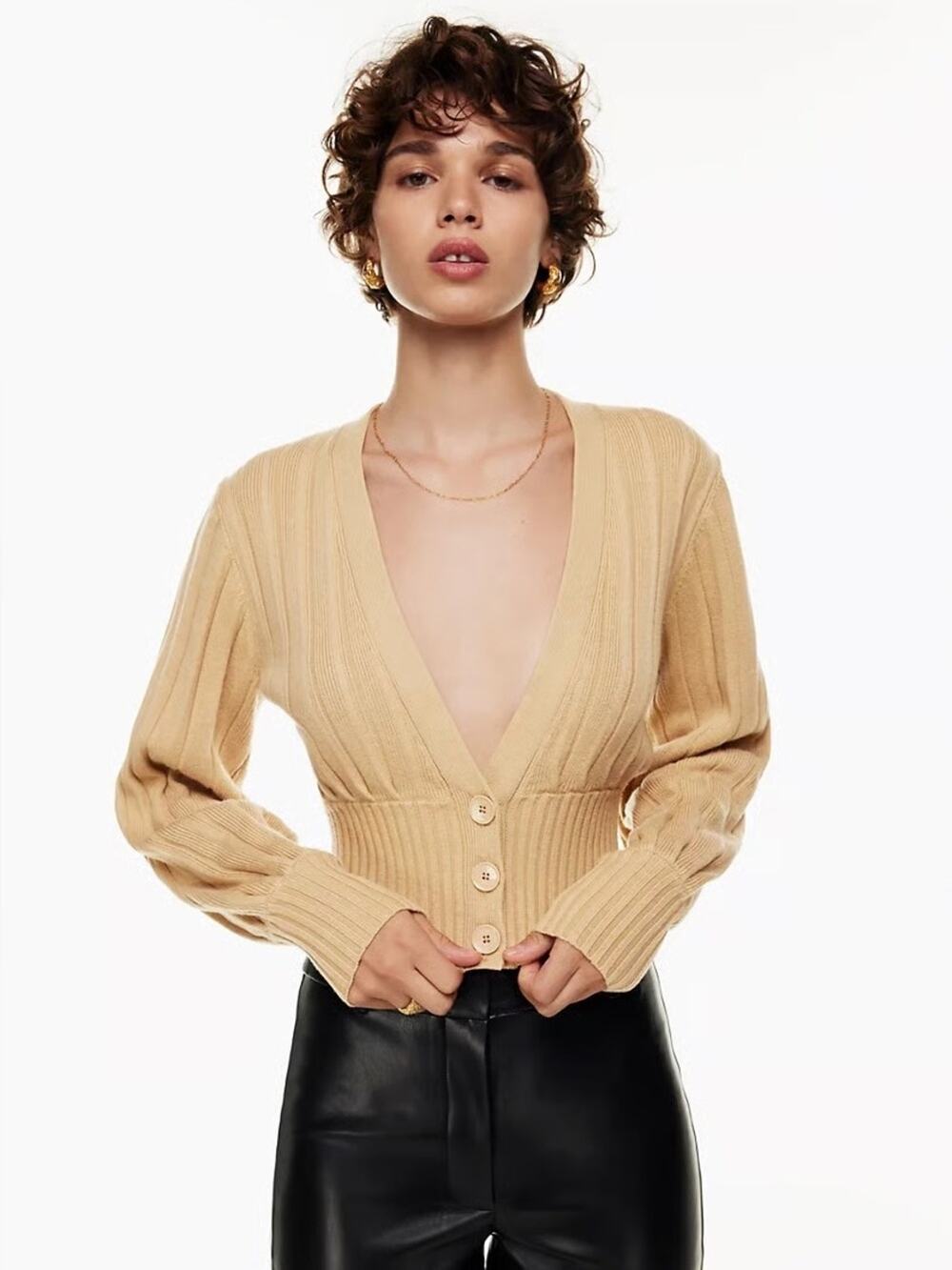 Aritzia Wilfred Plunge Front Tan Ribbed Knit Cardigan Sweater Size XS